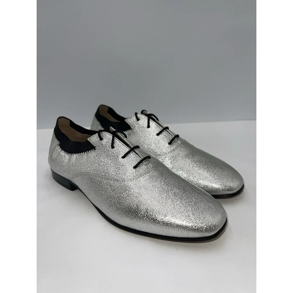 TORY BURCH Bombe Oxfords Lace-Up WOMENS SZ 8.5 Metallic Silver Black